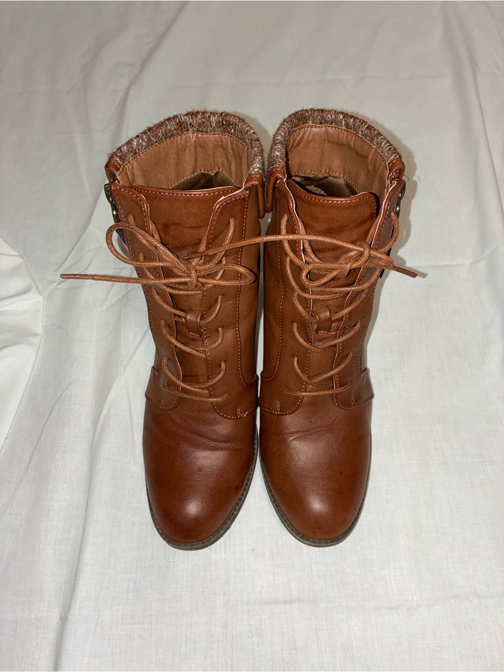 Daisy Fuentes Chestnut Brown Lace-Up Ankle Booties with Faux Fur Cuff